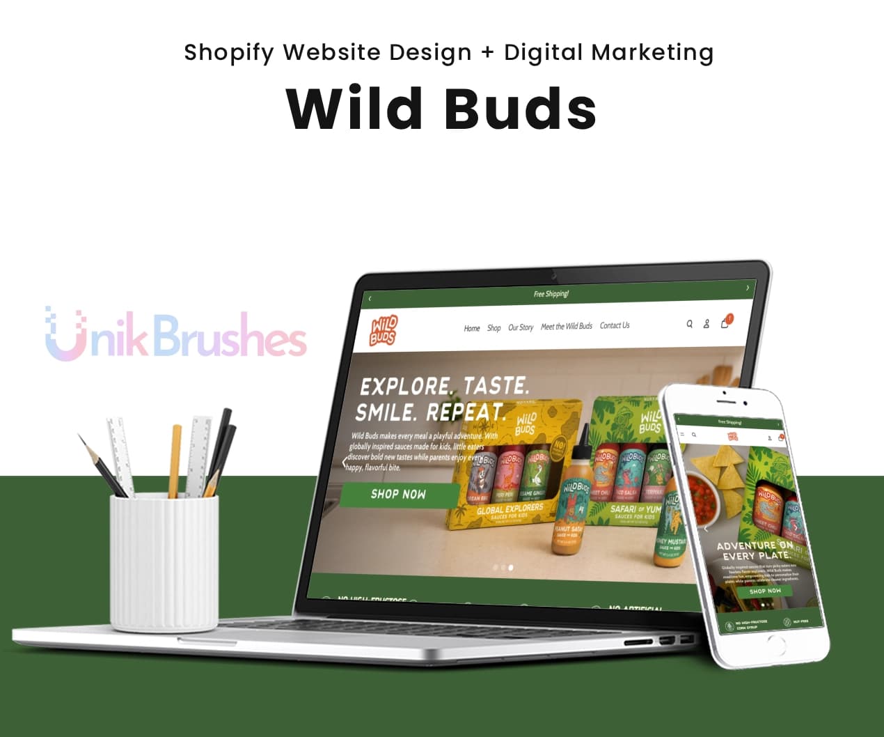 Wild Buds Shopify website displayed on laptop and mobile screens